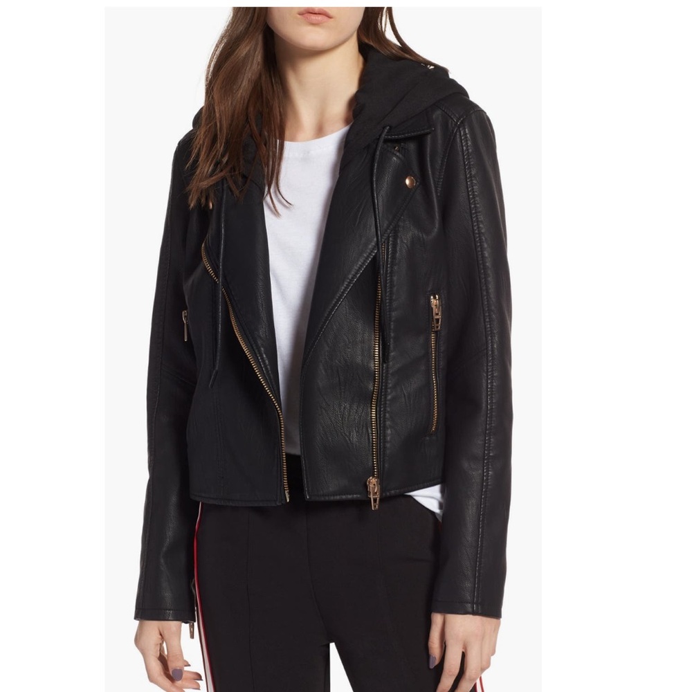 Blank NYC Black Faux Leather Hooded Moto Jacket